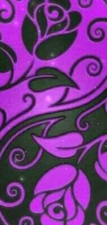 Mobile wallpaper with purple floral design and black swirls.