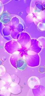 Purple floral wallpaper with sparkles and bubbles.