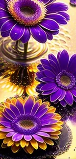 Purple flowers with golden reflections on a stylish wallpaper.