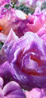 Vibrant purple flowers with dew droplets in a serene natural setting.