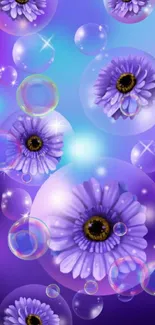 Purple daisies in glowing bubbles on a vibrant gradient background.