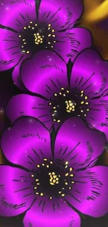 Vibrant purple flowers on a golden background in a mobile wallpaper design.