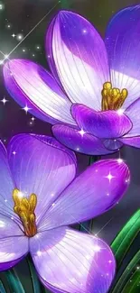 Purple flowers with green leaves and sparkling accents on a mobile wallpaper.