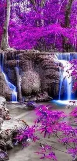 Purple forest waterfall with vibrant foliage.