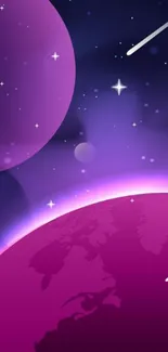 Vibrant purple galaxy wallpaper with planets and stars in a cosmic scene.