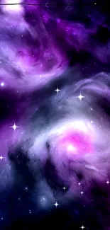 A vibrant purple galaxy wallpaper with twinkling stars and cosmic clouds.