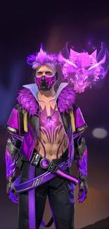 Purple themed game character with digital dragon.