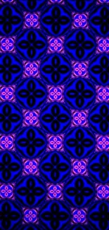 Geometric neon pattern wallpaper with electric blue and pink hues.