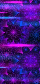 Vibrant purple geometric wallpaper with kaleidoscopic patterns.