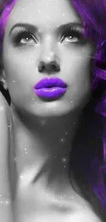 Black and white portrait with vibrant purple accents on a mobile wallpaper.