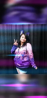 Stylish person in a purple jacket with vibrant colors and playful energy.