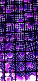 Purple grid wallpaper with abstract spheres and geometric design.