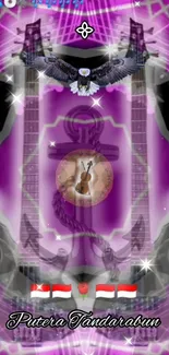 Artistic purple wallpaper with guitar and eagle design.