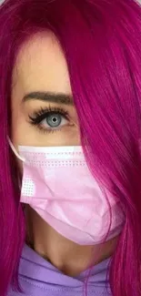 Mobile wallpaper with vibrant purple hair and masked face.