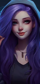 Illustrated girl with purple hair in a hoodie, digital art wallpaper.