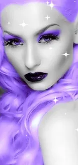 Woman with vibrant purple hair in a monochrome background.