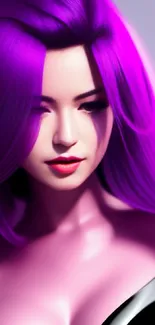 Vibrant portrait of woman with purple hair in elegant style.