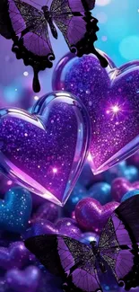 Purple heart wallpaper with butterflies and sparkling effects.
