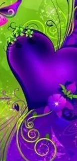 Vibrant purple heart with butterflies and green accents on a wallpaper background.