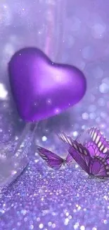 Purple heart and butterfly wallpaper with a sparkling background.