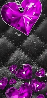 Vibrant purple heart gemstone on black quilted background mobile wallpaper.