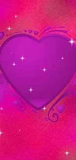 Mobile wallpaper with a vibrant purple heart design on a pink background.