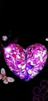 Vibrant purple heart with butterflies on a black background.