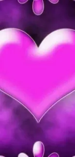 Vibrant pink heart with a purple background and elegant swirls.