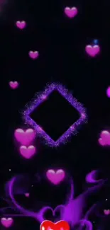 Purple hearts on a dark themed wallpaper with a glowing diamond shape.