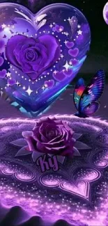 Purple heart with stars and butterfly design for wallpaper.