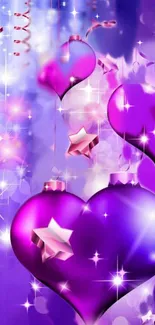 Vibrant purple heart ornaments with stars and sparkles.