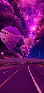 Purple hot air balloons under a starry sky.