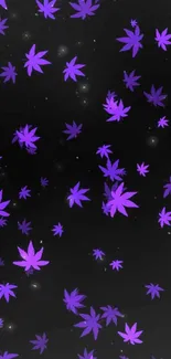 Vibrant purple leaf pattern on a black background as mobile wallpaper.