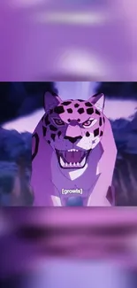 Purple leopard growling in jungle scene, vivid colors.