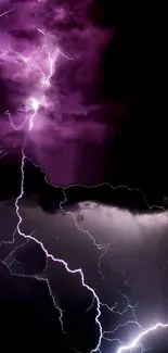 Intense purple lightning electrifies a dark stormy sky.