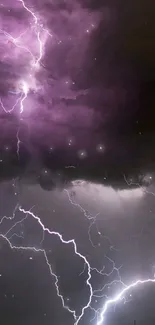 Purple lightning storm illuminating night sky clouds.