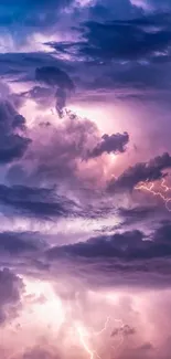 Purple thunderstorm with lightning in clouds.