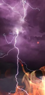 Vibrant purple lightning storms at night sky.