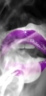 Mobile wallpaper with vibrant purple lips and swirling smoke effect.