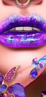 Vibrant purple lips with jewelry design on wallpaper.