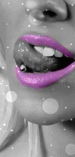 Purple lips on black-and-white background mobile wallpaper.