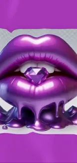 Glossy purple lips holding a diamond in vibrant art style.