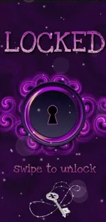 Purple lock screen wallpaper with keyhole design and unlock text.