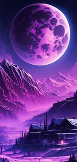 Purple moonlit landscape with mountains and a vibrant sky.