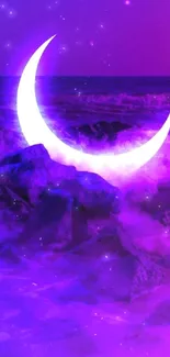 Purple ocean with glowing crescent moon wallpaper.