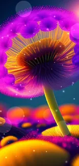 Vibrant digital art of a glowing purple mushroom with colorful surroundings.