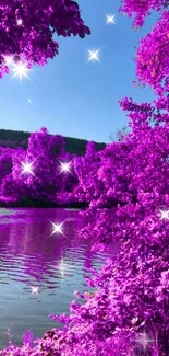 Vibrant purple forest and lake landscape wallpaper.