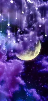 Purple night sky with moon and stars in a serene, dreamy scene.