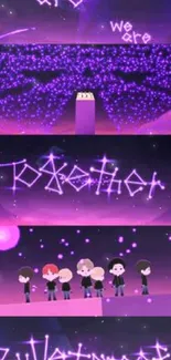 Animated purple night wallpaper with glowing text and figures.