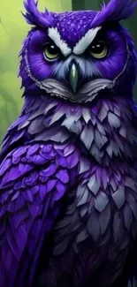 Purple owl in a mystical green forest wallpaper.